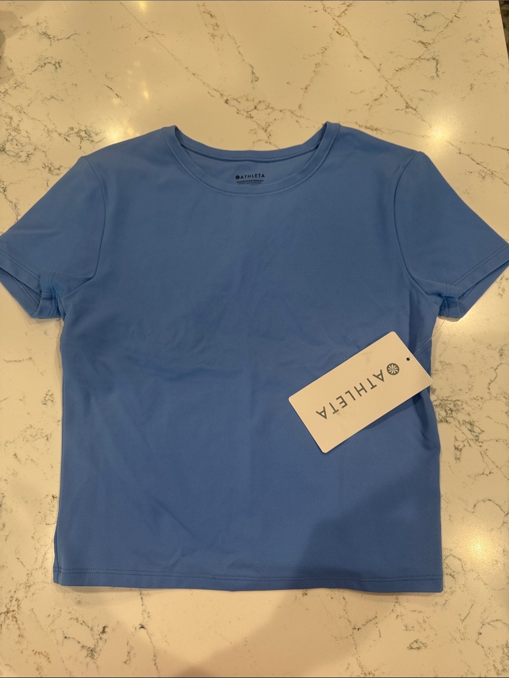 Athleta Light Blue Short Sleeve Open Back Crew Tee.